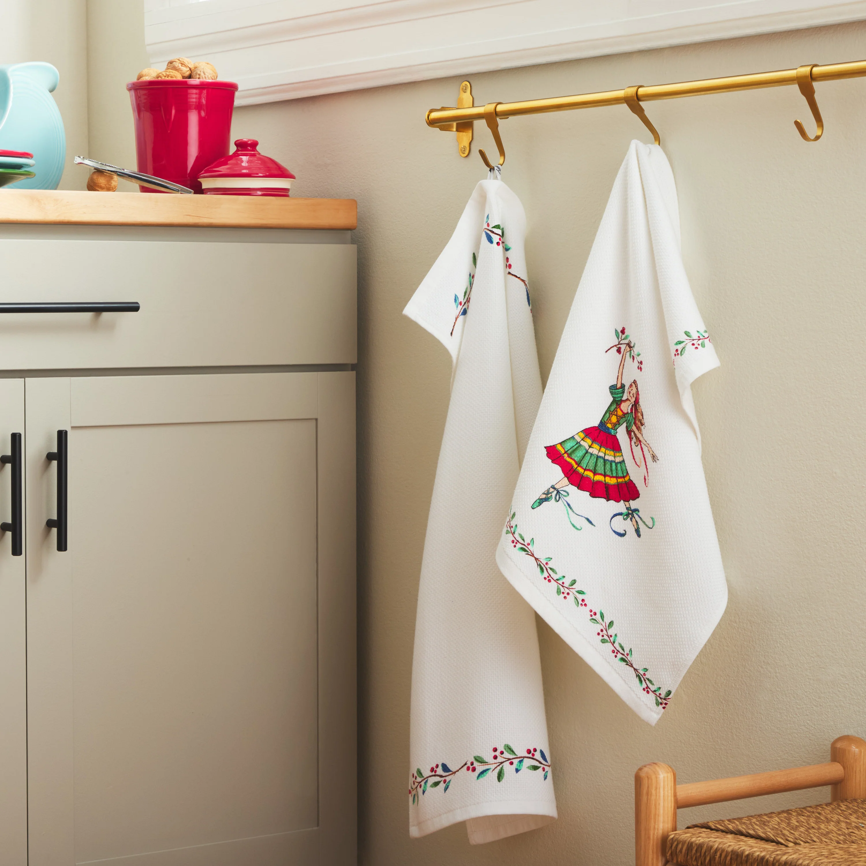 Nutcracker Ballerina Holiday Holly Sprig Kitchen Towel Set - Image 2